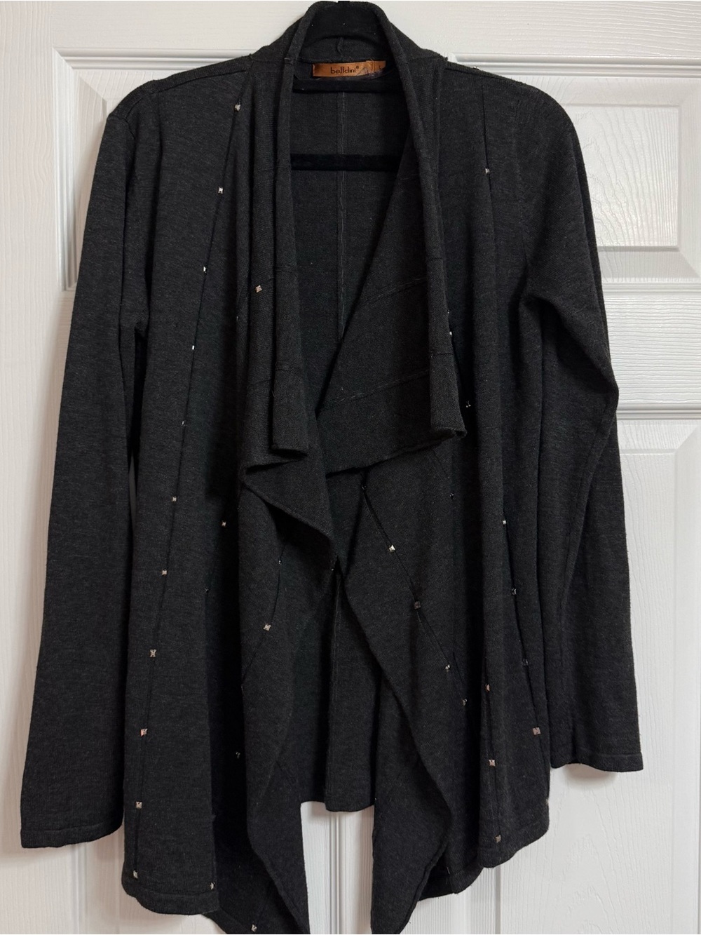 Belldini Charcoal Gray Open-Front Draped Cardigan with Stud Accents
